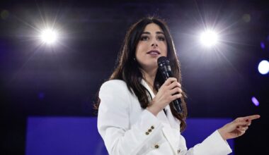 Shannon Seban, Renaissance party candidate for the European Parliament election, addresses an audience in Aubervilliers, northeastern suburbs of Paris, on June 1, 2024, ahead of the European Parliament elections. (Stephane De Sakutin / AFP)