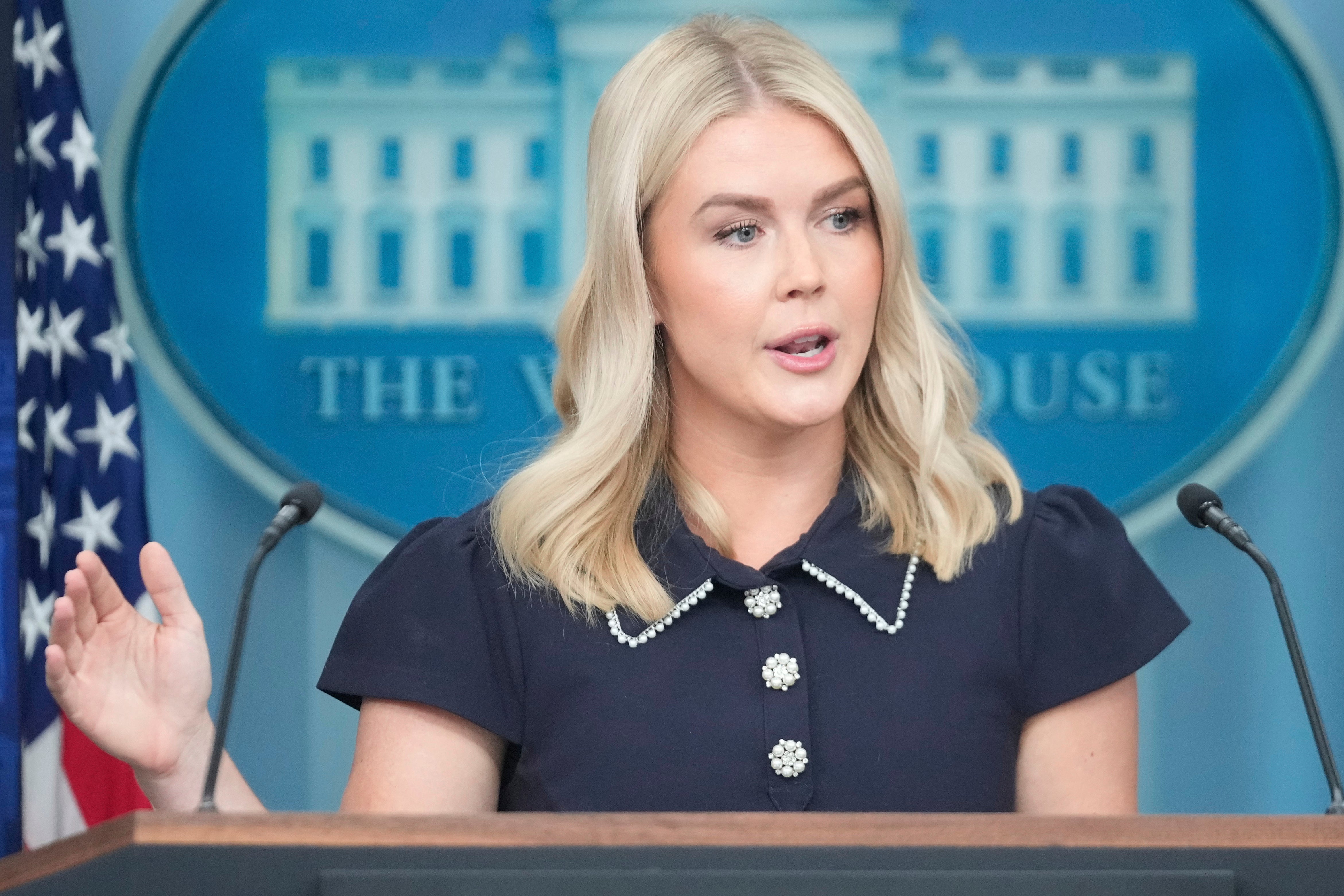 White House press secretary Karoline Leavitt speaks with reporters in the James Brady Press Briefing Room at the White House