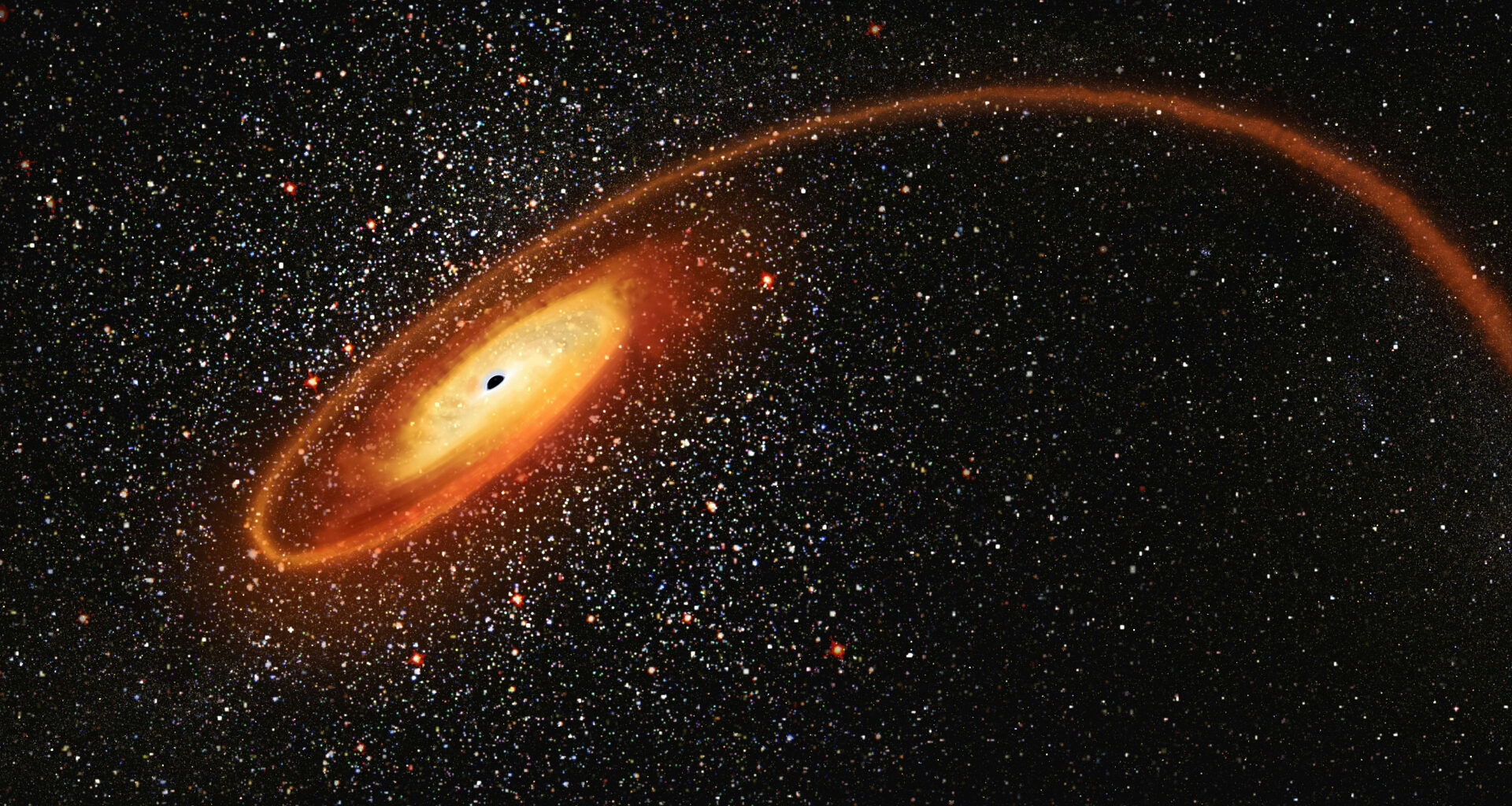An illustration of a dark circle with a glowing disk around it surrounded by stars in space