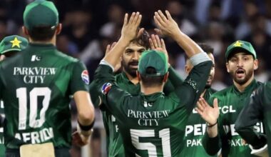 Pakistan players celebrate the fall of an Afghanistan wicket during their first match of the tri-series.