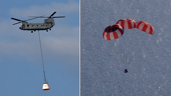 ISRO successfully conducts its first Integrated Air Drop Test (IADT-01) of the parachute-based deceleration system for the Gaganyaan mission.(X/@ISRO)