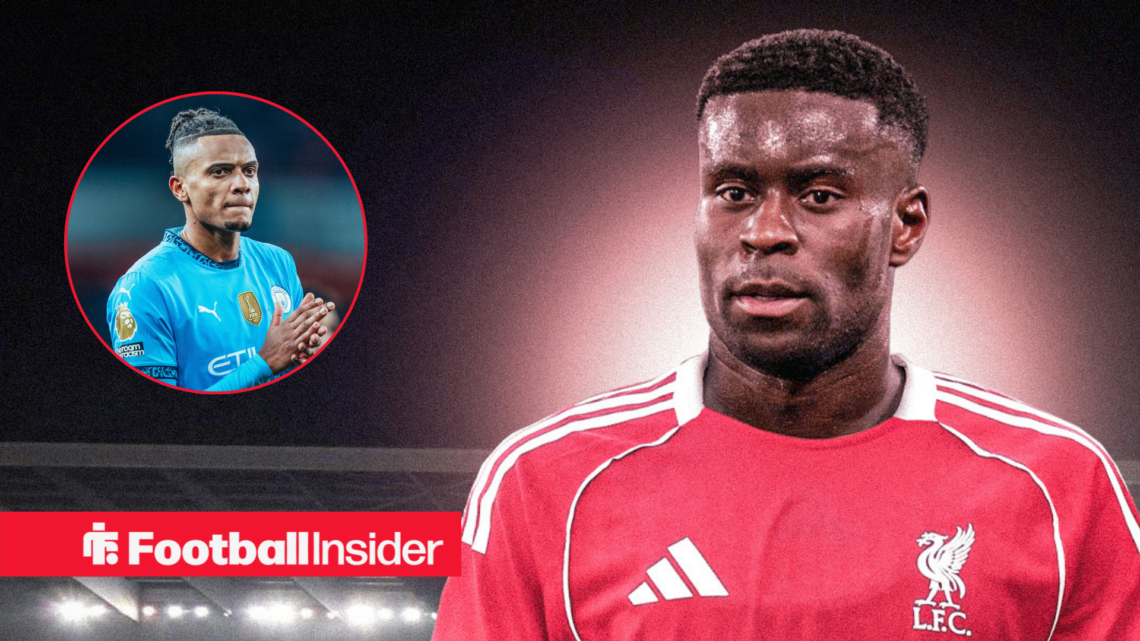 Marc Guehi depicted in a Liverpool shirt, next to an image of Manuel Akanji