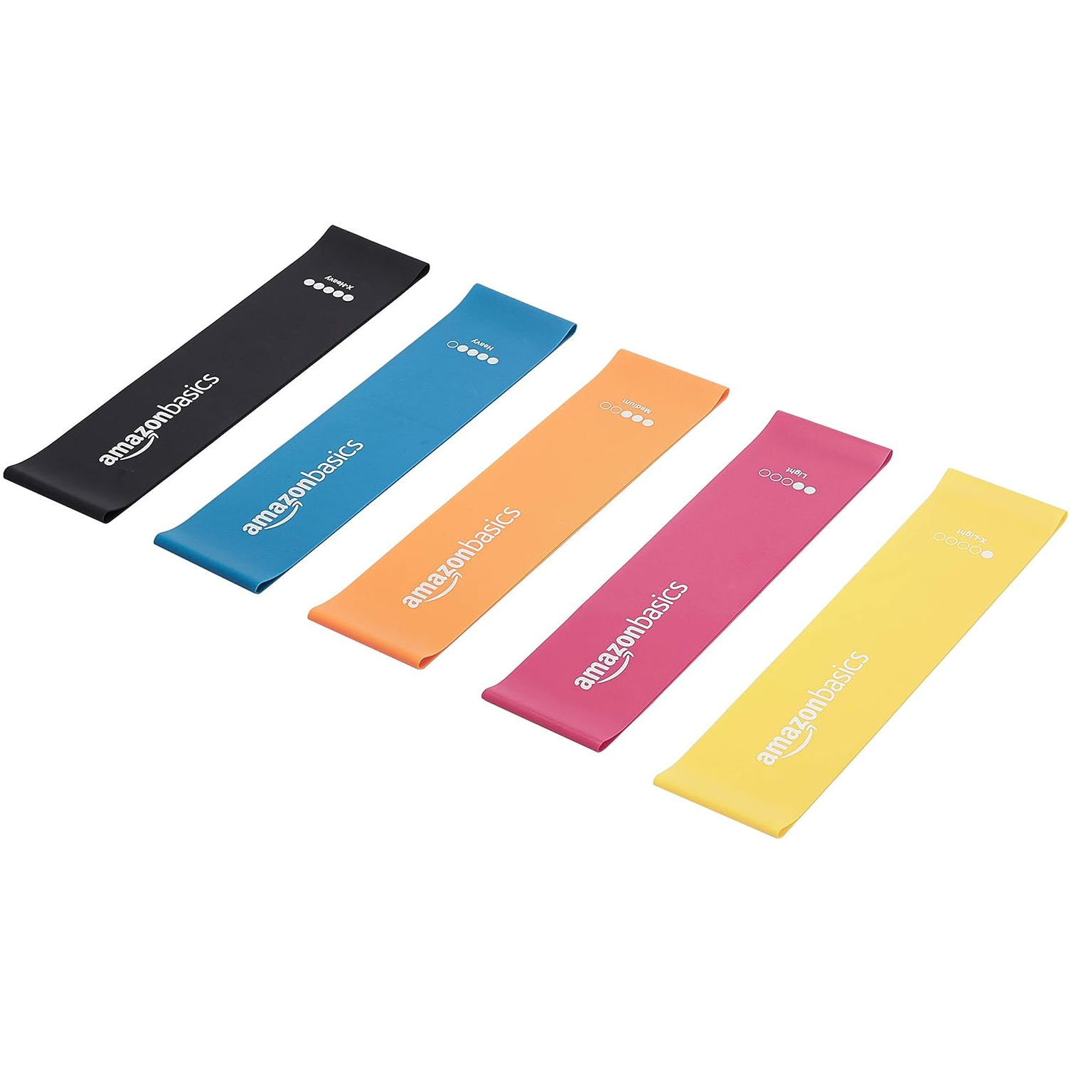 Five small loop resistance bands&mdash;black, blue, orange, pink and yellow&mdash;arranged in a line on a white background