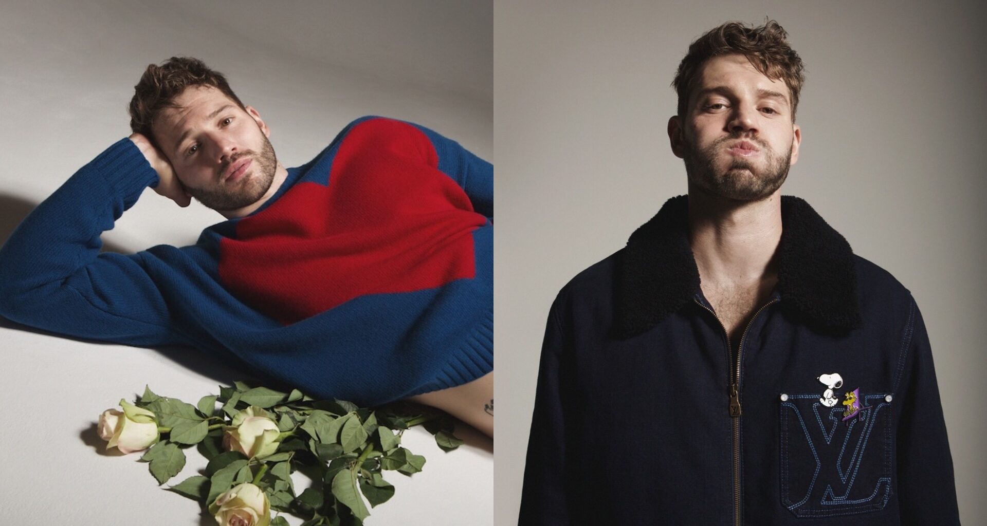 Alexander Lincoln in his new Attitude shoot, one shot of him lying down, one of him pulling a funny face (Image: Attitude/Vincent Jacques Flouret)