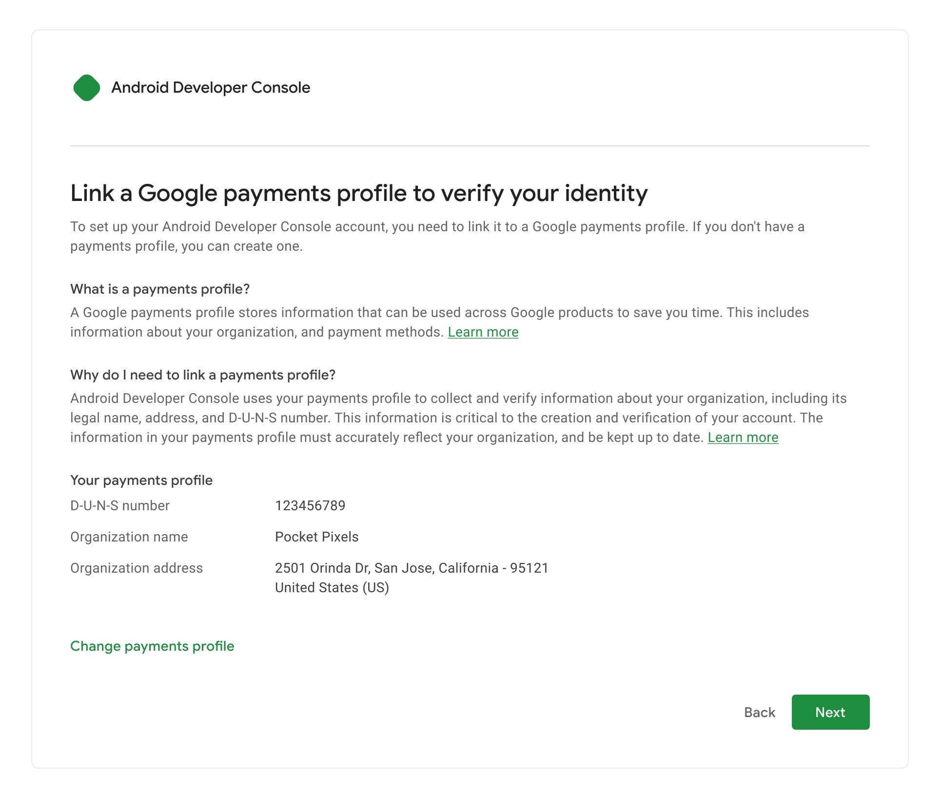 Android Developer Console payments profile