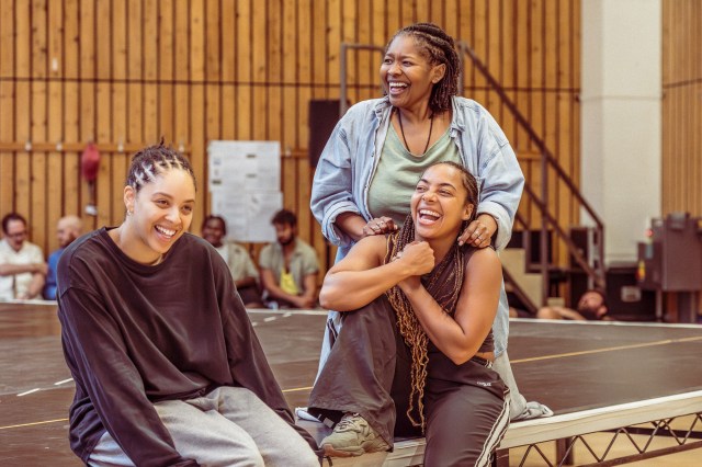 Arethajay McEwen (Mertha), Natasha Gooden (Tina) and Natasha Magigi (Sunny) in rehearsal for Bacchae at the National Theatre. Photographer Marc Brenner 02188