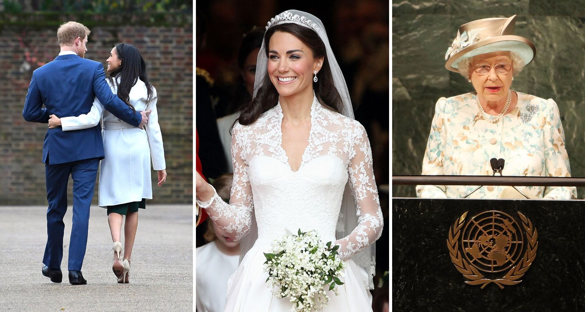 L-R: Prince Harry and Meghan Markle, Kate Middleton, Queen Elizabeth II