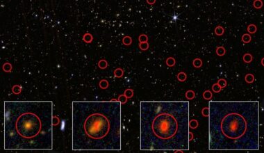 A series of red bubble looking spheres over a dark, starry background with four white cutout squares in the front enlarging four of the bubbles to show glowing balls of red light in each of the bubbles.