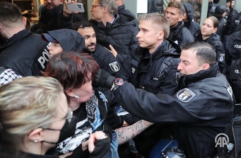 A police officer in Berlin punches Dubliner Kitty O’Brien during a pro-Palestine demonstration. Photograph: Irish Bloc Berlin