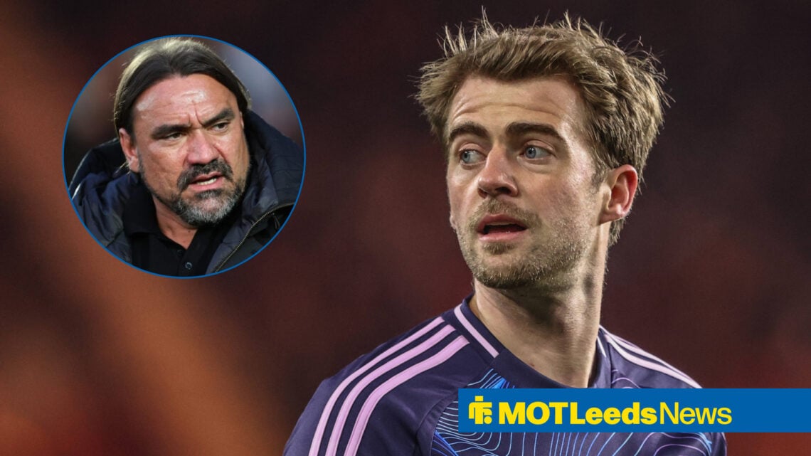 Patrick Bamford playing for Leeds and Daniel Farke looking frustrated in a circular inset