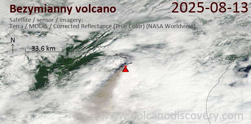 Satellite image of Bezymianny volcano on 13 Aug 2025