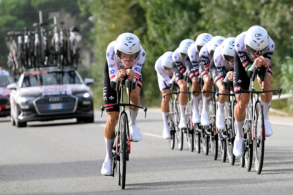 Team UAE's riders compete during the fifth stage of La Vuelta a Espana cycling tour, a 24.1 km time-trial team race in Figueres, on August 27, 2025. (Photo by Josep LAGO / AFP) (Photo by JOSEP LAGO/AFP via Getty Images)