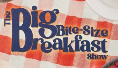 The words The Big Bite Breakfast Show' are written in red lettering on top of a picnic blanket that is red and white checked.