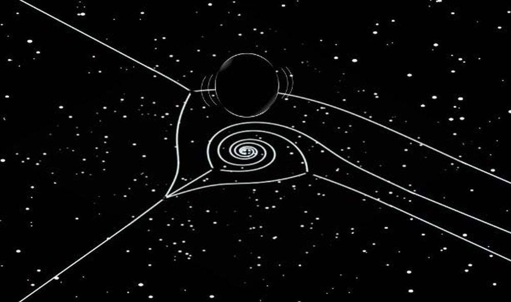 This image shows a black hole and Stokes curves, which are used to understand the complex vibes coming for perturbed black holes. Image Credit: Kyoto University / Taiga Miyachi