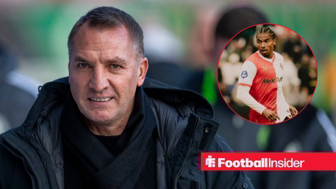 Brendan Rodgers smiling as he arrives at a Celtic match, next to an image of Feyenoord winger Calvin Stengs in action
