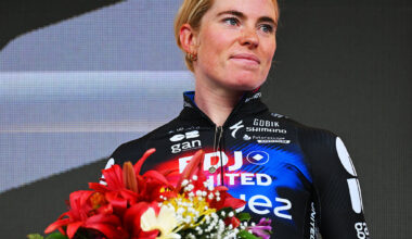 CHATEL LES PORTES DU SOLEIL, FRANCE - AUGUST 03: Demi Vollering of Netherlands and Team FDJ - SUEZ reacts at podium as second place winner during the 4th Tour de France Femmes 2025, Stage 9 a 124.1km stage from Praz-sur-Arly to Chatel Les Portes du Soleilon 1298m / #UCIWWT / August 03, 2025 in Chatel Les Portes du Soleil, France. (Photo by Tim de Waele/Getty Images)
