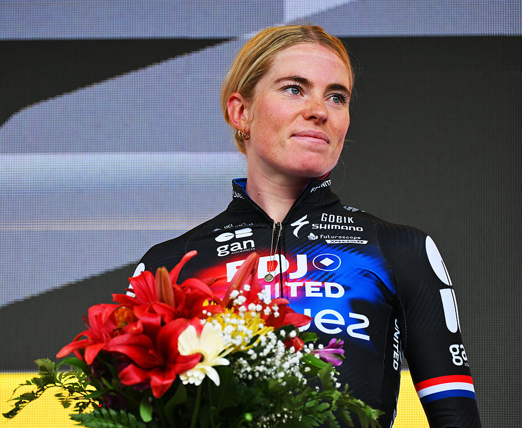 CHATEL LES PORTES DU SOLEIL, FRANCE - AUGUST 03: Demi Vollering of Netherlands and Team FDJ - SUEZ reacts at podium as second place winner during the 4th Tour de France Femmes 2025, Stage 9 a 124.1km stage from Praz-sur-Arly to Chatel Les Portes du Soleilon 1298m / #UCIWWT / August 03, 2025 in Chatel Les Portes du Soleil, France. (Photo by Tim de Waele/Getty Images)