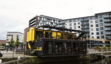 Happy hour at Leeds Dock waterside bar, The Canary 