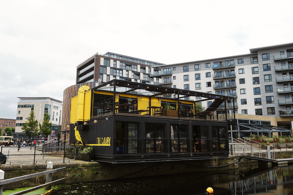Happy hour at Leeds Dock waterside bar, The Canary 