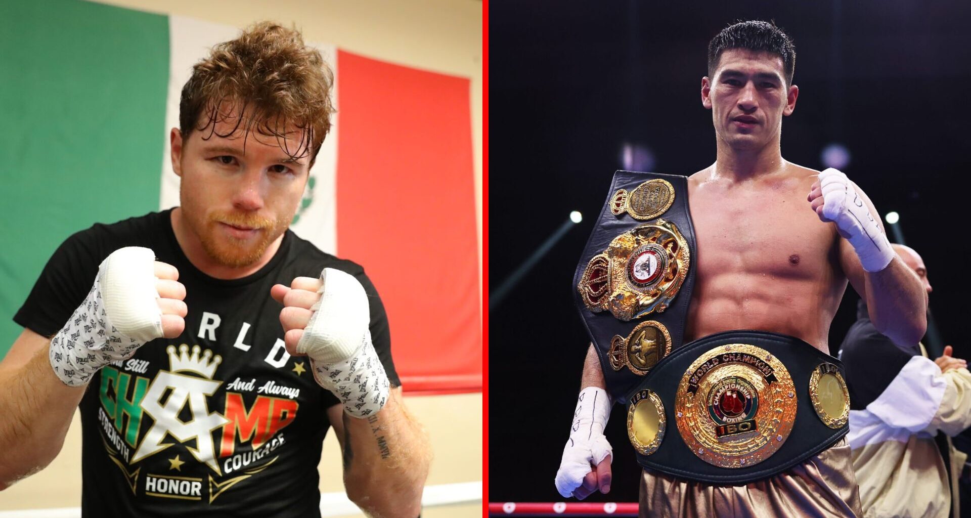 Split image of Canelo Alvarez training and Dmitry Bivol celebrating