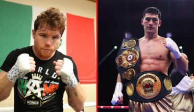 Split image of Canelo Alvarez training and Dmitry Bivol celebrating