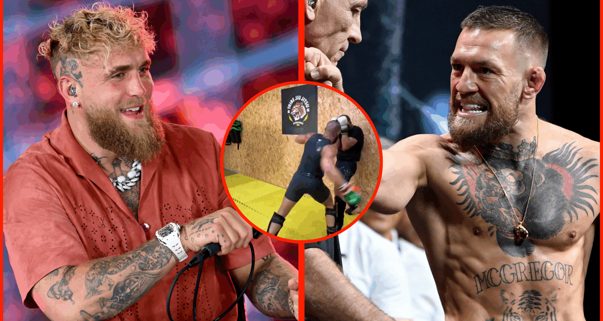 Jake Paul speaks on the Netflix broadcast for Katie Taylor vs. Amanda Serrano, opposite Conor McGregor at the UFC 264 ceremonial weigh-in, inset Mc...