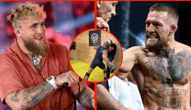 Jake Paul speaks on the Netflix broadcast for Katie Taylor vs. Amanda Serrano, opposite Conor McGregor at the UFC 264 ceremonial weigh-in, inset Mc...