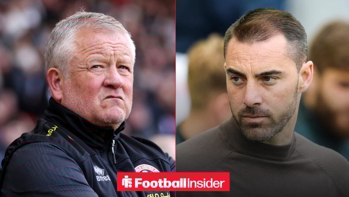 Chris Wilder on the left looking unimpressed with Ruben Selles on the right looking serious