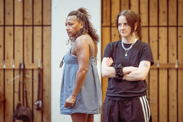 Clare Perkins (Vida) and Fi Silverthorn (Ava) in rehearsals for Bacchae at the National Theatre. Photographer Marc Brenner 04205