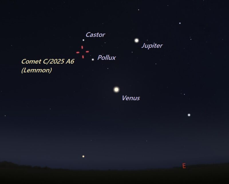 Red hashmarks for the comet's location between Castor and Pollux.