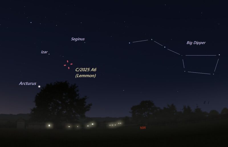 Red hashmarks for the comet's location off the handle of the Big Dipper.