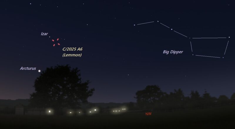 Wide view of horizon and the Big Dipper with red hashmarks for the comet's location.