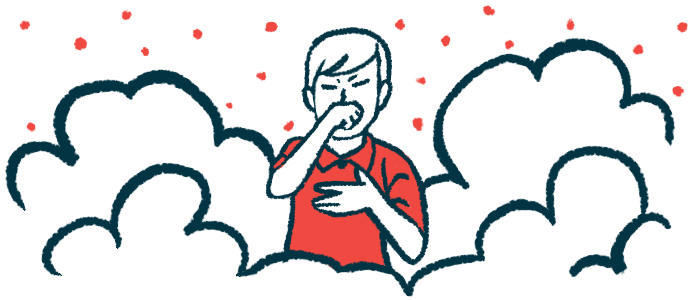 A person puts one hand to their chest and covers their mouth with the other while standing amid a cloud of air pollution.