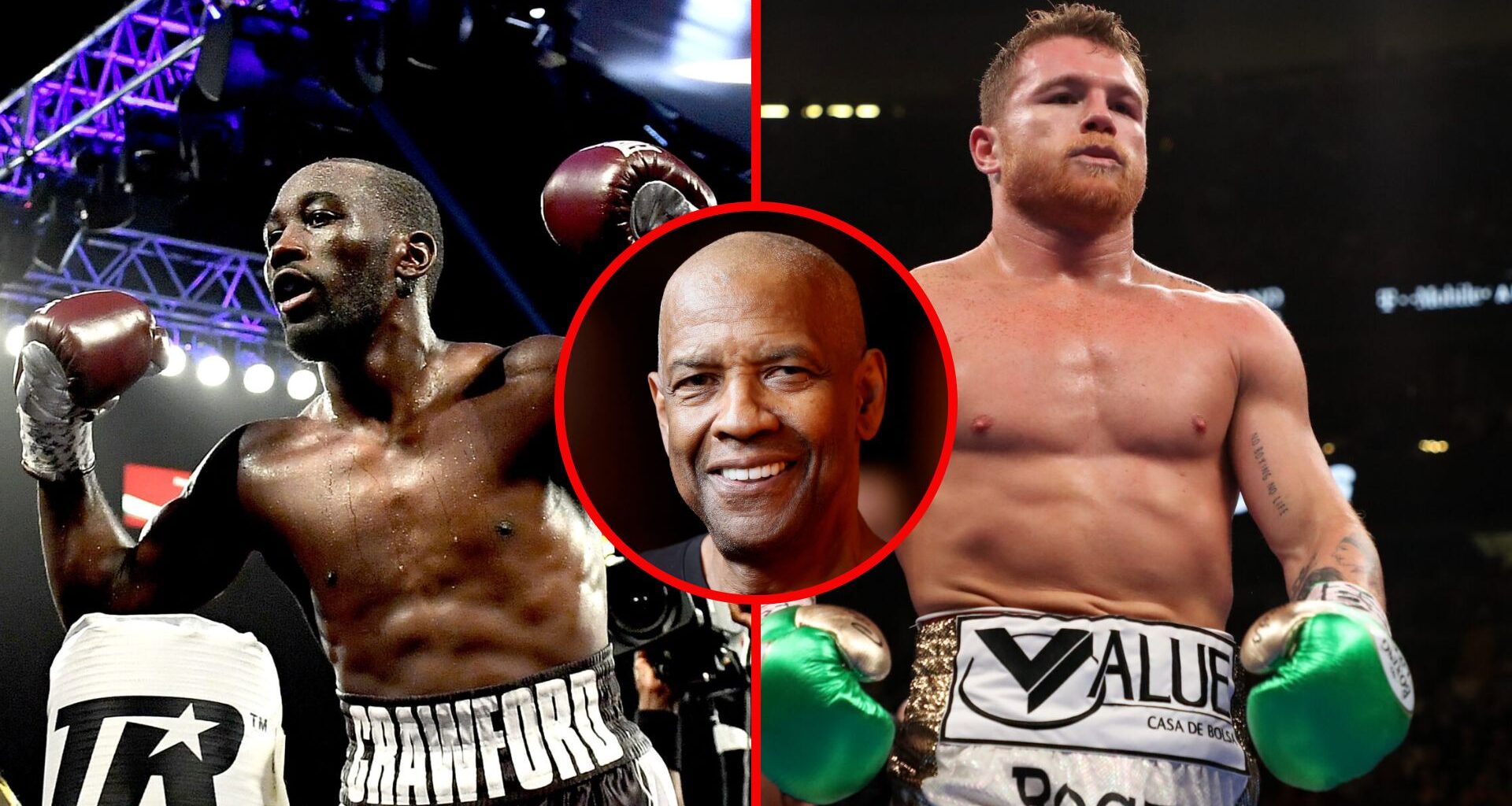 Split image of Terence Crawford celebrating and Canelo Alvarez during a fight with an inset of Denzel Washington
