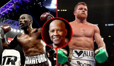Split image of Terence Crawford celebrating and Canelo Alvarez during a fight with an inset of Denzel Washington