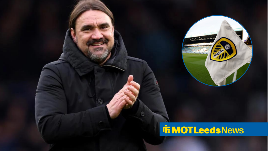 Daniel Farke standing alongside a circle inset of the Leeds United corner flag.