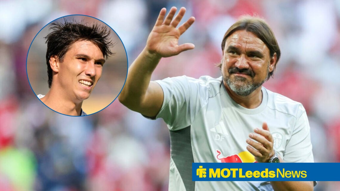 Leeds United manager Daniel Farke waves as Real Madrid striker Gonzalo Garcia watches on.