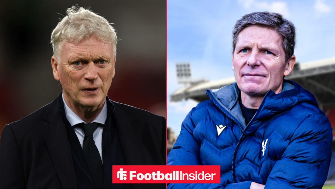 Everton boss David Moyes and Crystal Palace's Oliver Glasner stand and watch their teams