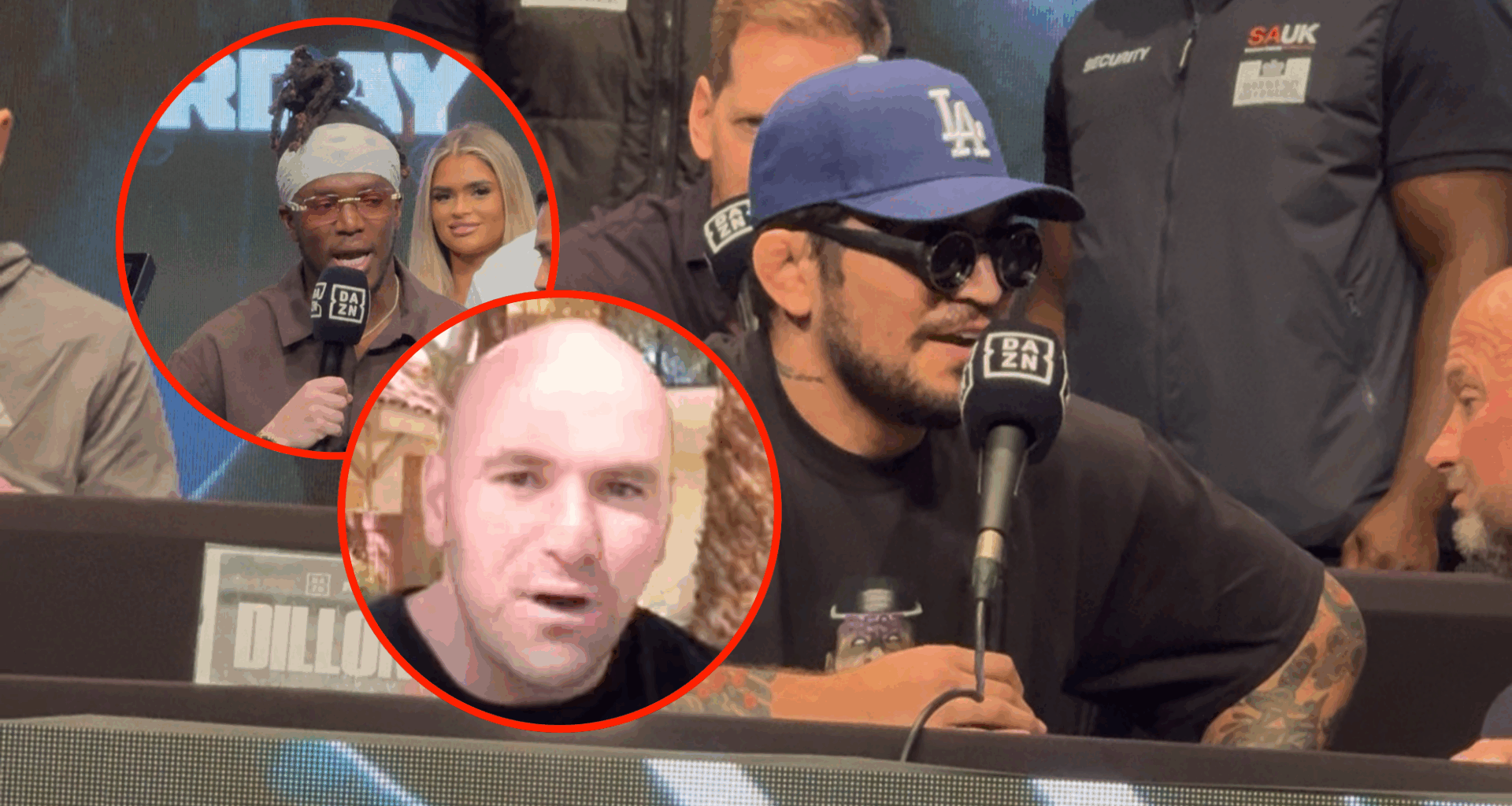 Main photo shows Dillon Danis at a press conference. Bubbles show KSI (top) and a young Dana White (bottom)