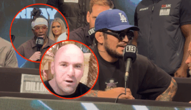 Main photo shows Dillon Danis at a press conference. Bubbles show KSI (top) and a young Dana White (bottom)