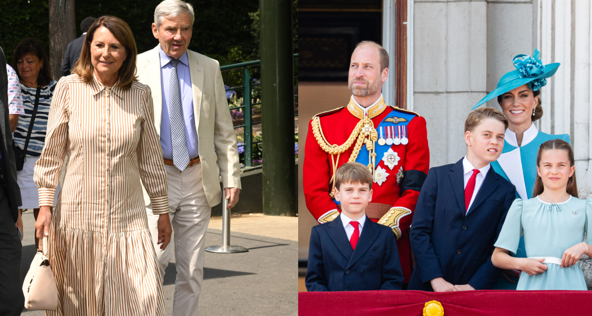 Carole and Michael Middleton wearing linen outfits at Wimbledon walking outside; Prince William in a red uniform standing with Princess Kate, Prince Louis, Prince George and Princess Charlotte on the balcony of Buckingham Palace at Trooping the Colour