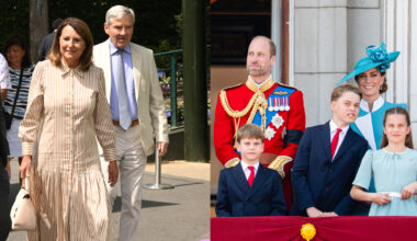 Carole and Michael Middleton wearing linen outfits at Wimbledon walking outside; Prince William in a red uniform standing with Princess Kate, Prince Louis, Prince George and Princess Charlotte on the balcony of Buckingham Palace at Trooping the Colour