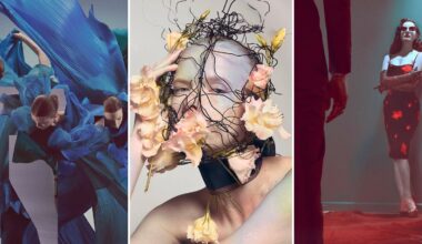 A collage of a man with flowers on his face.