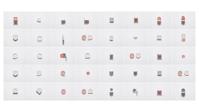 Grid of minimalist geometric shapes in soft pastel tones, featuring circles, semicircles, rectangles, and arches arranged on a white background, each cell showing a unique abstract design.