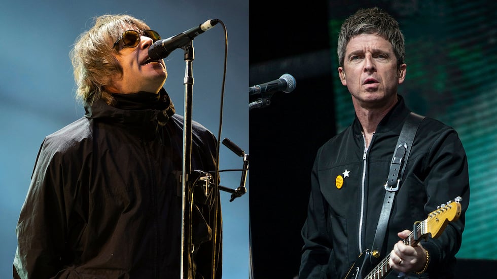 Liam Gallagher performs at the Reading Music Festival, England on Aug. 29, 2021, left, and...