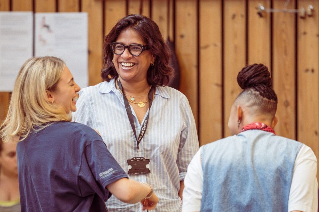 Ellie McKay (Nava), Indhu Rubasingham (Director) and Ebony Clarke (Swing) in rehearsals for Bacchae at the National Theatre. Photographer Marc Brenner 00018