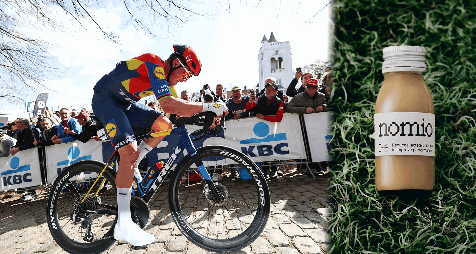 Mads Pedersen of Lidl-Trek and a bottle of Nomio broccoli juice.