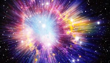 An artists interpretation of the Big Bang as a giant colorful cosmic explosion in space