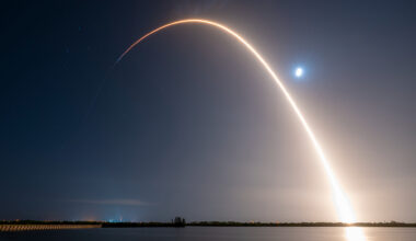 A SpaceX Falcon 9 rocket launches the KF-01 mission, sending 24 of Amazon's Project Kuiper satellites to orbit from Florida's Cape Canaveral Space Force Station on July 16, 2025.