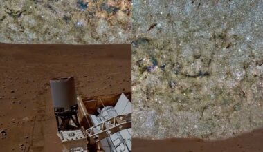 A spacecraft or rover on a rocky, reddish-brown surface under a star-filled sky with dense clusters of stars and cosmic dust, creating a striking contrast between ground and space.
